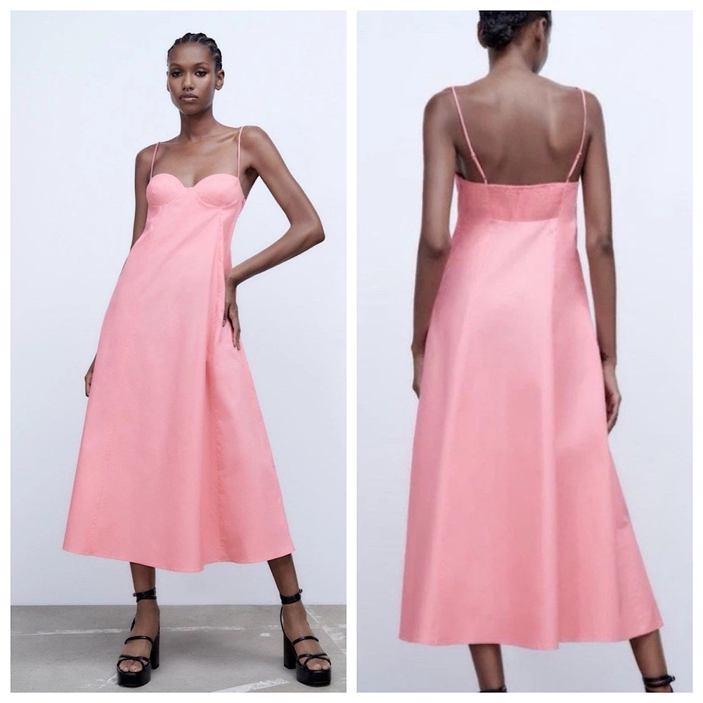 Zara Spaghetti Strap Sweetheart Neckline Midi SunDress Womens Sz XL Pink NWT